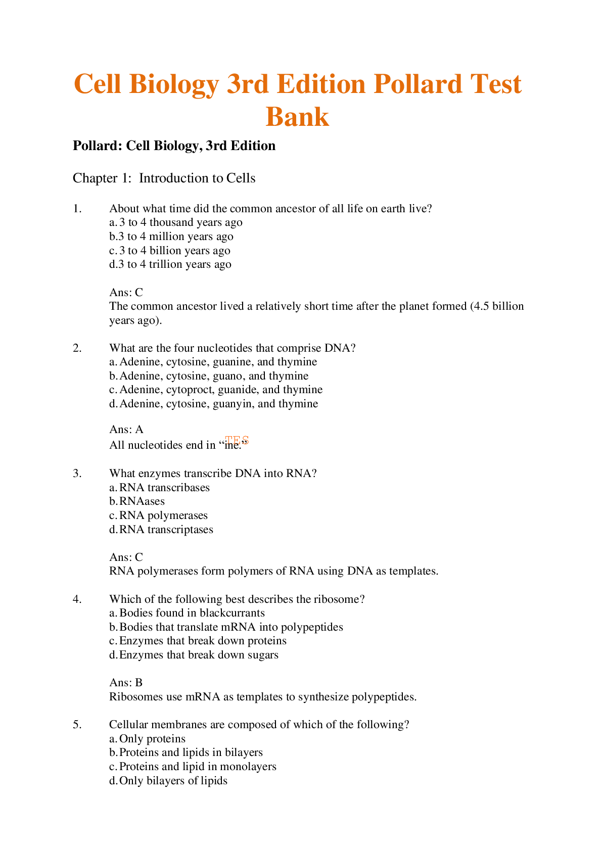 Test Bank for Cell Biology 3rd Edition Pollard Chapter 1 - 46 Updated .